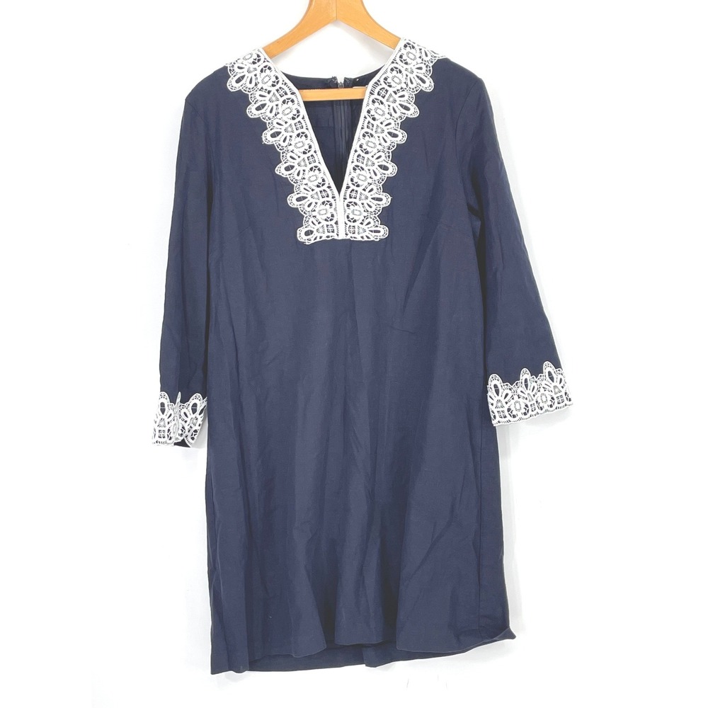 Preston & York Womens Dress 14 Shift Navy Blue Linen Blend Lace Trim Preppy Chic